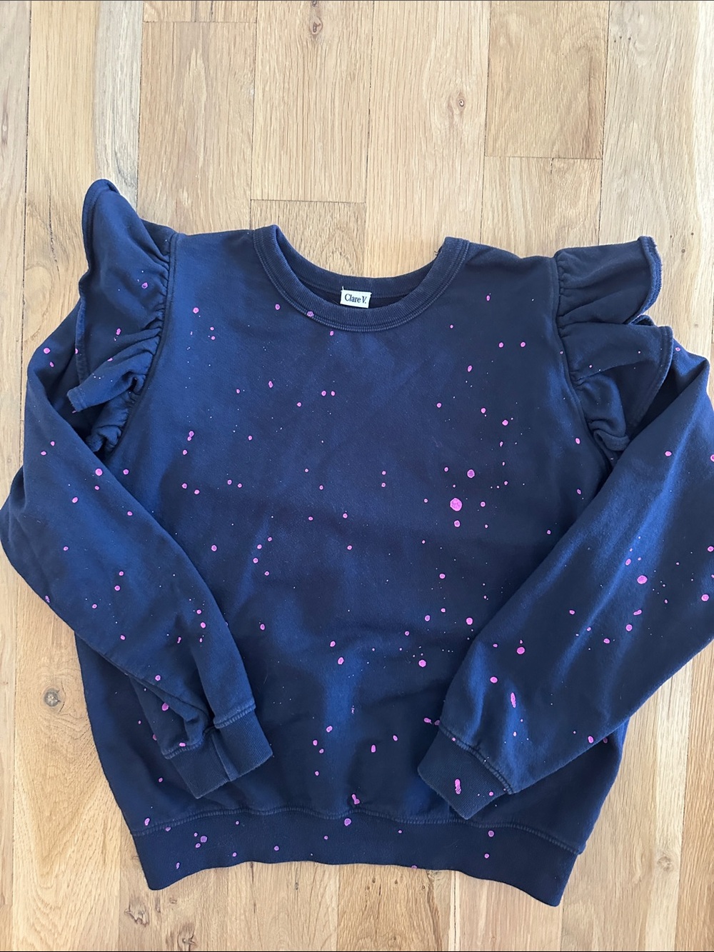 Clare V Navy Sweatshirt with Pink Paint Splatter and Ruffle Shoulders